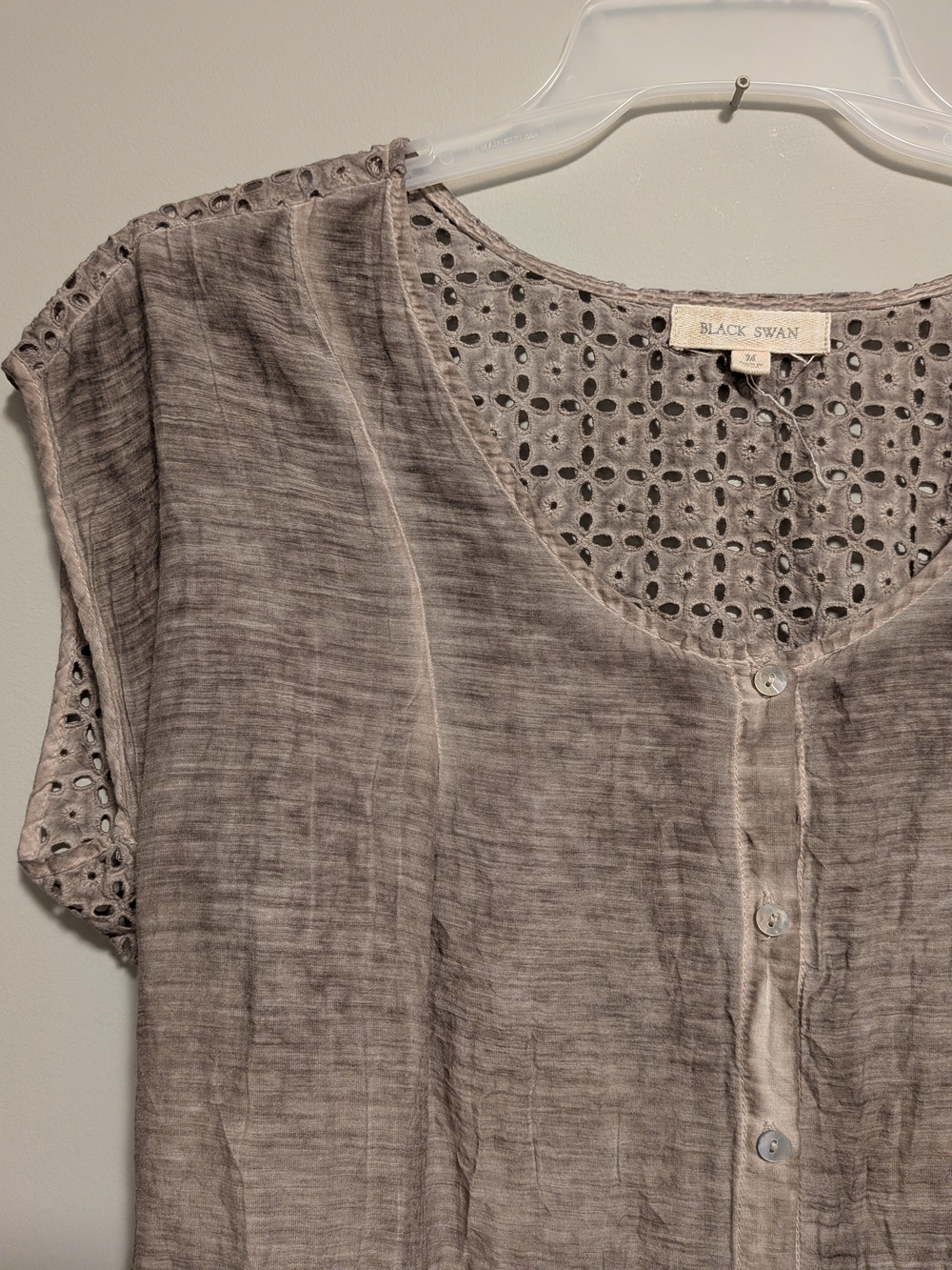 Black Swan Taupe Eyelet-Back Button Down Top